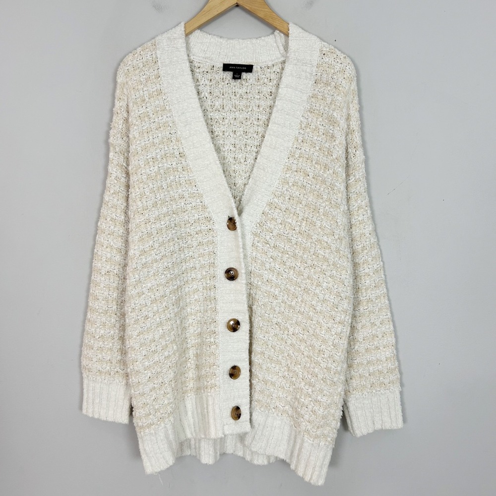 Ann Taylor Cardigan Cream Beige Chunky Knit Button Front Size Large Women's